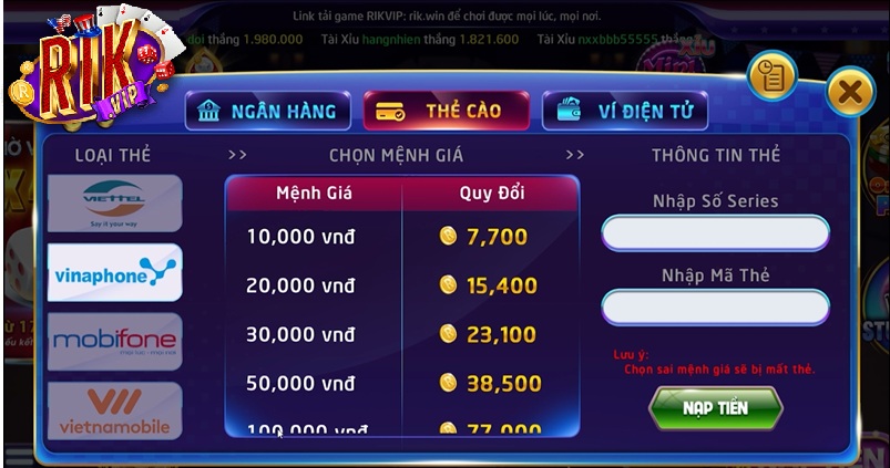 hướng dẫn nạp tiền Rikvip